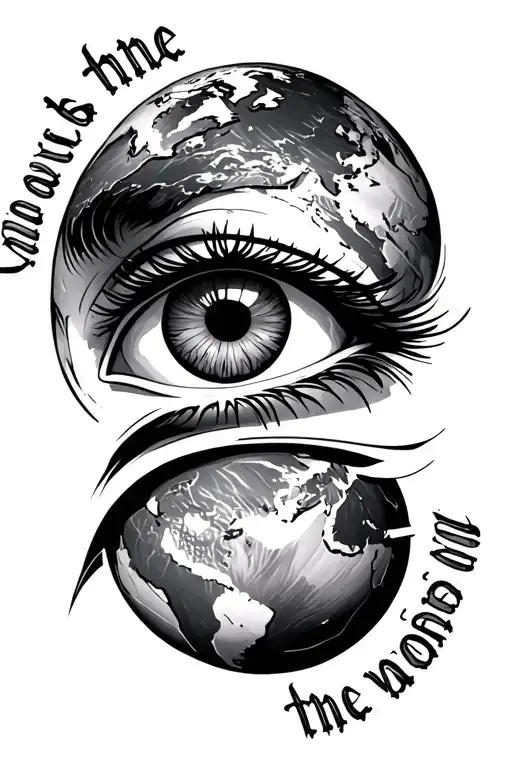 earth with an eye and "the world is mine" written around it tattoo design idea