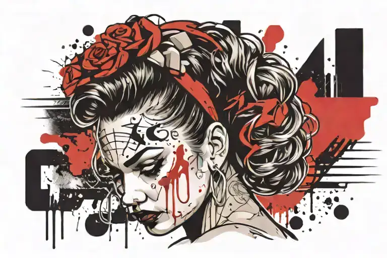 pin up chola bloody forehead showing tattoo design idea