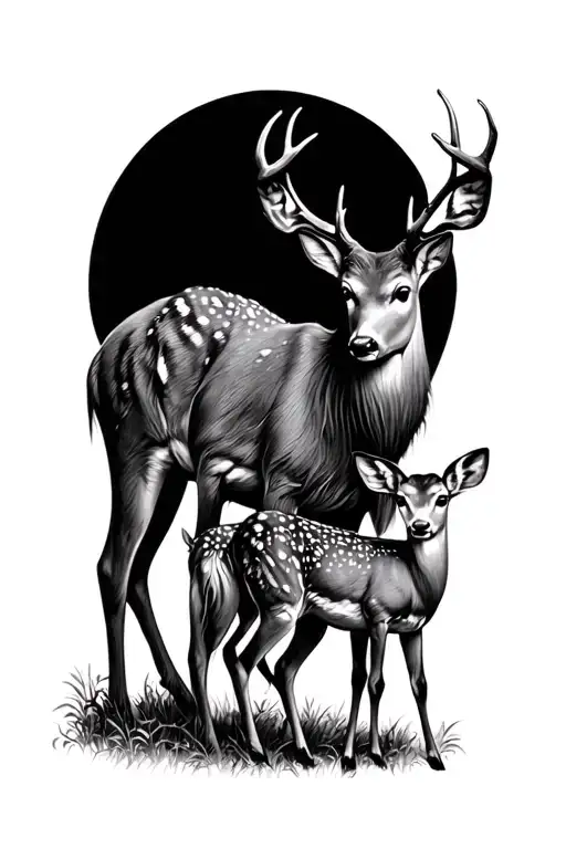 doe with her fawn and a buck standing behind them tattoo design idea