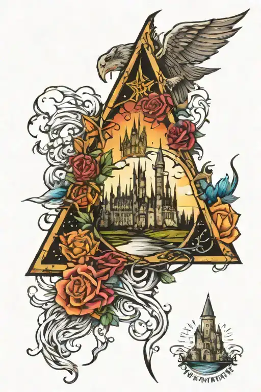 Harry potter deathly hallows and hogwarts castle tattoo design idea