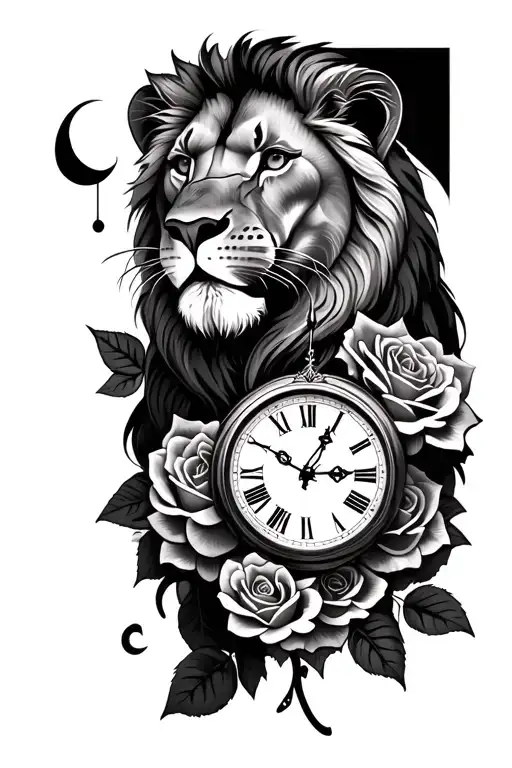 roses, lion, clock, compas tattoo design idea