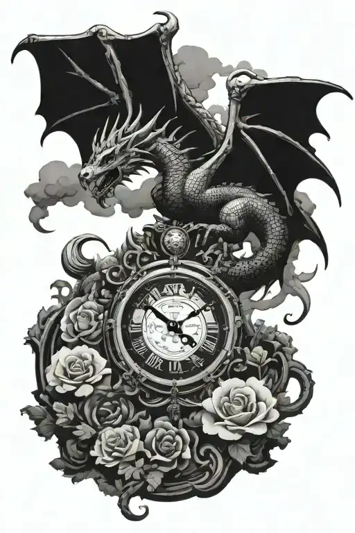 roman clock with a small dragon with something related to the family covering the spaces arms with clouds and god tattoo design idea