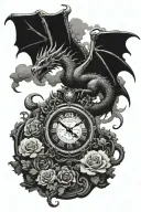 roman clock with a small dragon with something related to the family covering the spaces arms with clouds and god tattoo design idea