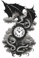 roman clock with a small dragon with something related to the family covering the spaces arms with clouds and god tattoo design idea