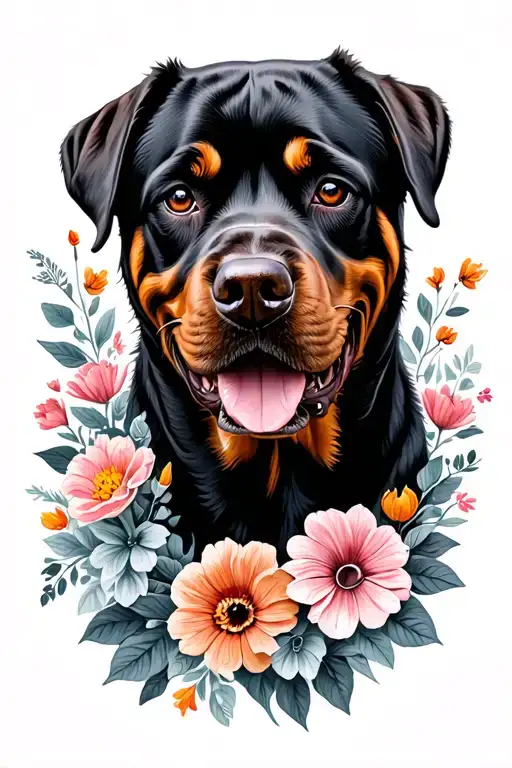 caravan with flowers and rottweiler surrounded tattoo design idea