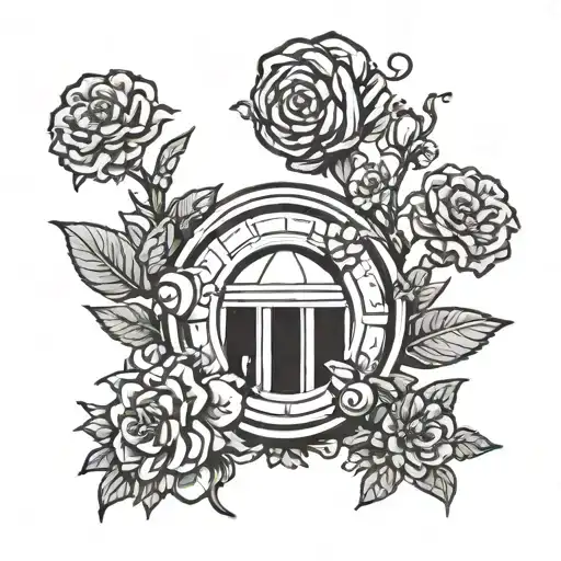 A Subspace door as seen in Scott Pilgrim Vs The World comics and in the same art style. Flowers growing around behind it tattoo design idea