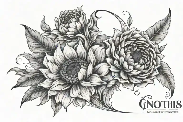 "Gnothis seauton" written with an open sunflower and a closed peony in the diagonal tattoo design idea
