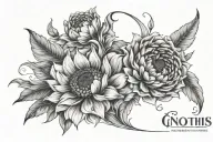 "Gnothis seauton" written with an open sunflower and a closed peony in the diagonal tattoo design idea