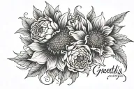 "Gnothis seauton" written with an open sunflower and a closed peony in the diagonal tattoo design idea