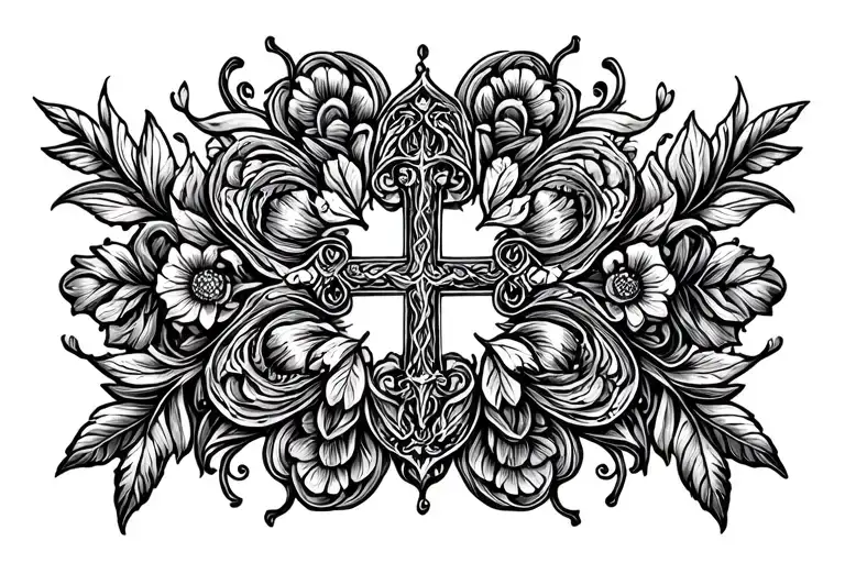 Tooled Leather Cross floral frame pattern tattoo design idea