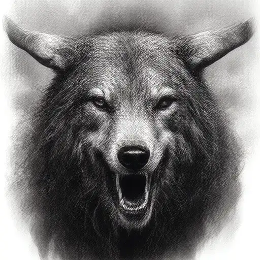 scary taurus with lone wolf looking forward tattoo design idea