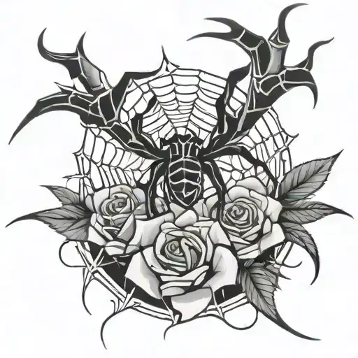 roses spider webs and spider crawling tattoo design idea
