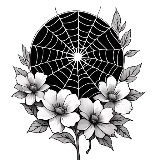 spider web and flowers growing tattoo design idea