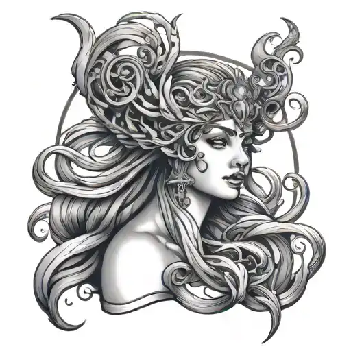 Hecate goddess of magic flowing tattoo design idea
