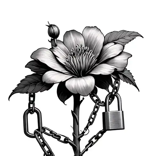 flower stem with chains surrounding the stem, chains held by a small padlock tattoo design idea