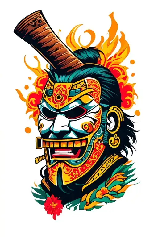 an axolot taquero with a samurai mask carving an al pastor spin tattoo design idea
