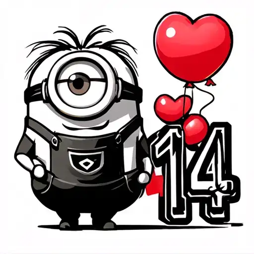cute, big eyed minion holding red heart ballon on string with the number 14 on the ballon  tattoo design idea