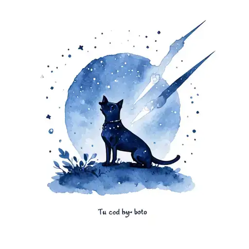 a dog watching comets in the sky with his name on the botto. o tattoo design idea