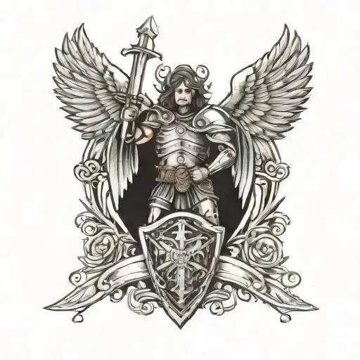 Warrior angel with a heavy metal inspired shield and sword, surrounded by gothic elements tattoo design idea