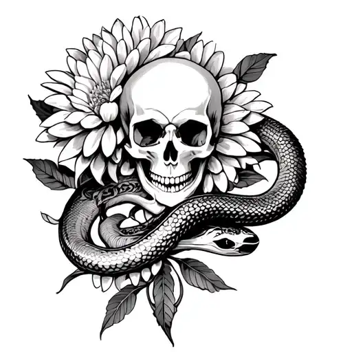 chrysanthemum with a snake and a skull and a mandala tattoo design idea