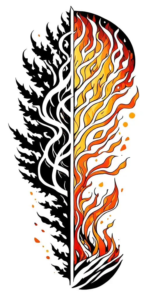 trees, camp fire flames tattoo design idea