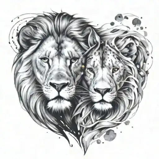 A male and a female lion, heads, touching, looking down with splatters incorporating August and July birthstones  tattoo design idea