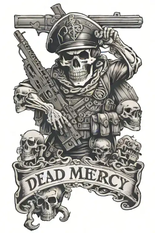 Skull soldier with a gun standing on top of a dead body with NO MERCY text tattoo design idea