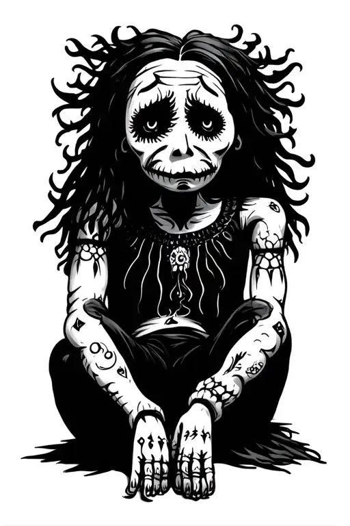 sad Voodoo doll sitting alone man tattoo design idea