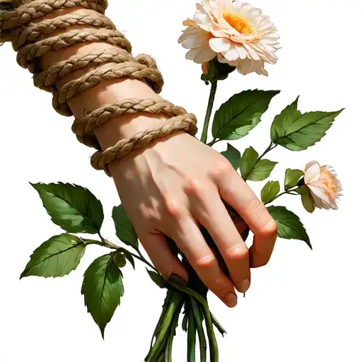 slave girl hands holding flowers and wrists wrapped in Shibari rope tattoo design idea