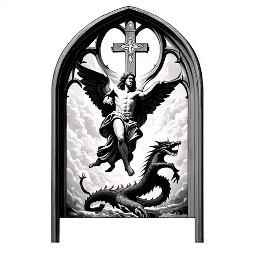 archangel Michael rising to "heaven" a church window with a Jerusalem cross, a dragon falling to hell below.  tattoo design idea