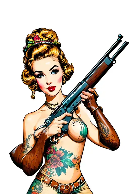 pinup girl holding sharps rifle tattoo design idea