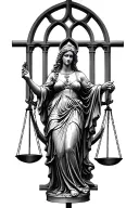 lady justice with church windows behind and  spins all over  tattoo design idea