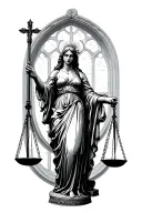 lady justice with church windows behind and  spins all over  tattoo design idea