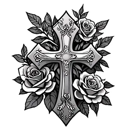 western style tattoos with cross and roses tattoo design idea