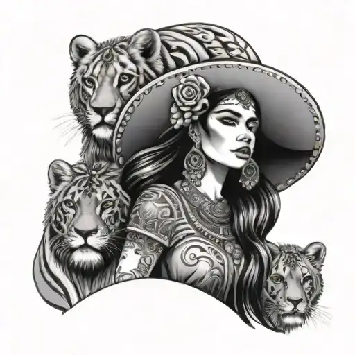 Mexican goddess with lions  tattoo design idea