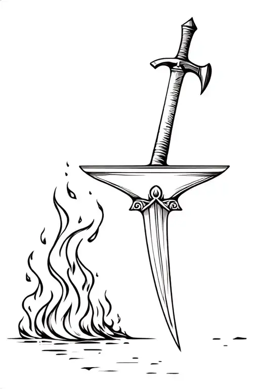 black and white anvil with a sword on it with a hammer on fire coming down to strike it  tattoo design idea