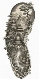 spiritual buddhist tattoo featuring a traditional scenary and nature including spiritual elements tattoo design idea