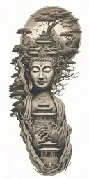 spiritual buddhist tattoo featuring a traditional scenary and nature including spiritual elements tattoo design idea