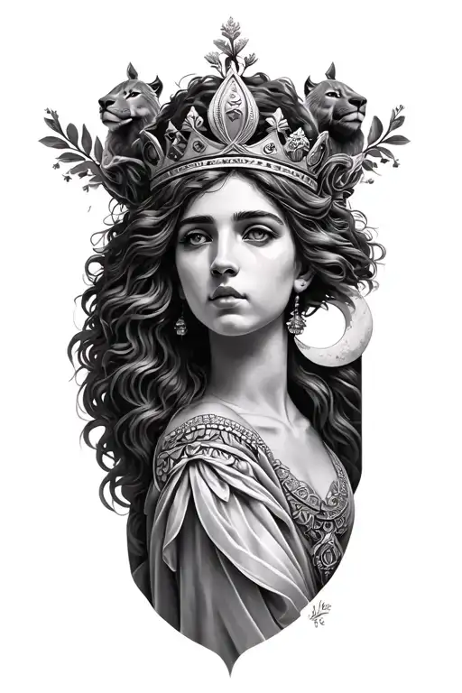 black & grey realism greek goddess of motherhood and beauty wearing a crown with a lion and the moon tattoo design idea