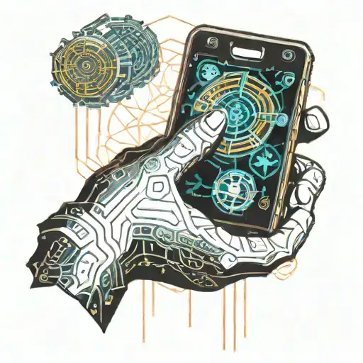 Hand holding cell and coin: tattoo design idea