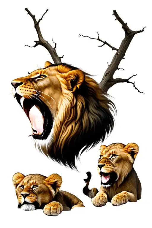 Orange Lion Head and 3 Baby lions upper body roaring tattoo design idea
