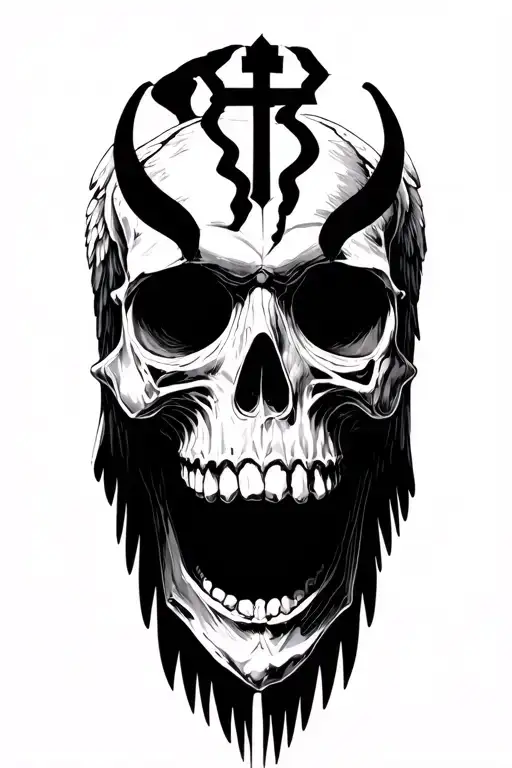 angel skull, devil skull, gritt, prison, cross, angel wings, rays, story, less black tattoo design idea