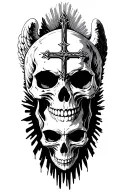 angel skull, devil skull, gritt, prison, cross, angel wings, rays, story, less black tattoo design idea