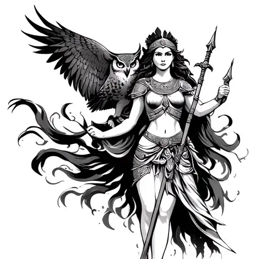 Athen warrior princess holding spear above an owl with background flowing  tattoo design idea