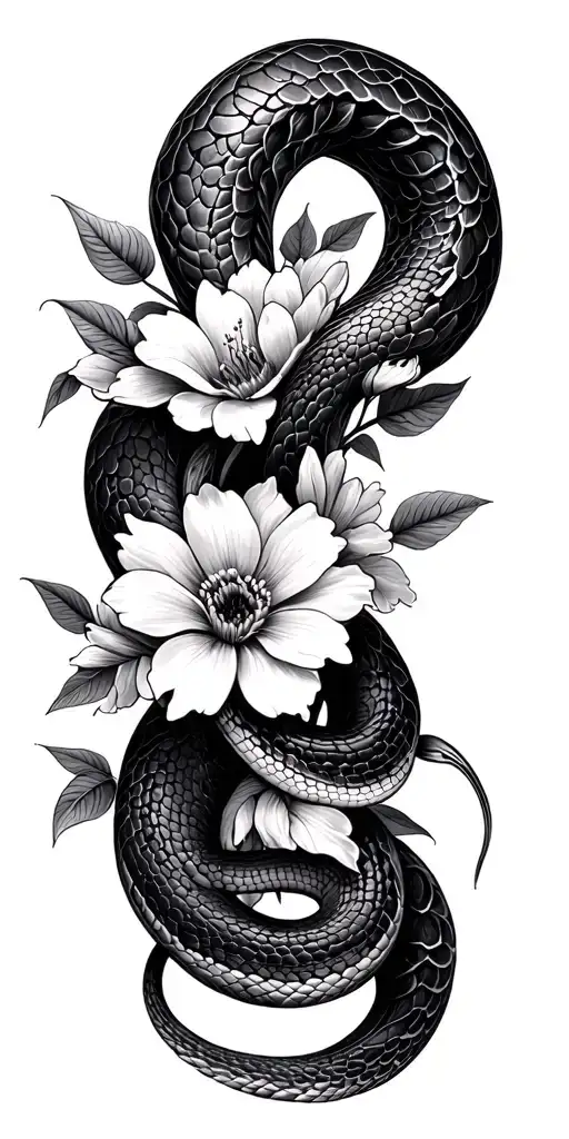 snake coiling around flowers blooming tattoo design idea