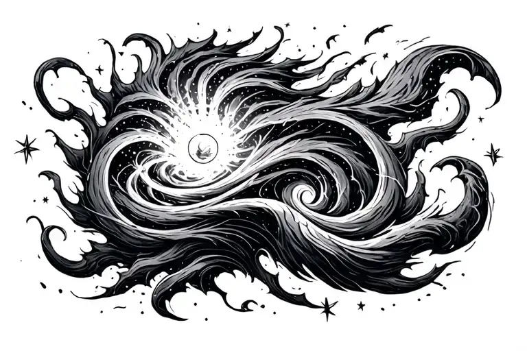 weathered, jagged contour lines like an ancient topographic map with flowing cosmic swirls and subtle star clusters.  tattoo design idea