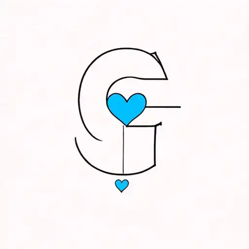 Capital G fine line with a small blue heart at the end , brand tattoo tattoo design idea