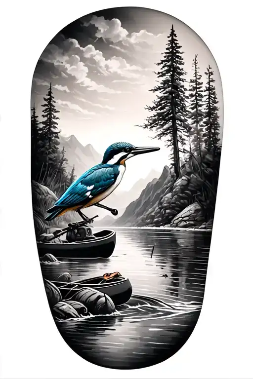 forearm sleeve tattoo featuring a kingfisher bird. Also has a kayak, nature hiking mountains beach and scube divingvene tattoo design idea