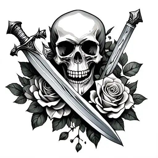 skull , broken sword and roses with a fallen knight hand tattoo design idea