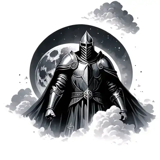 crusader knight moon behind him with clouds surrounding tattoo design idea